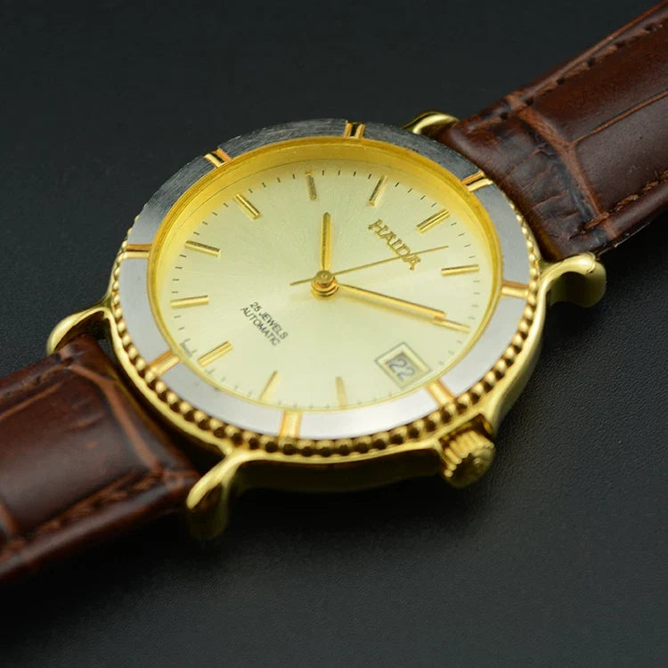 HAIDA Men's Automatic Mechanical Watch Two-Tone Genuine Leather Strap NOS