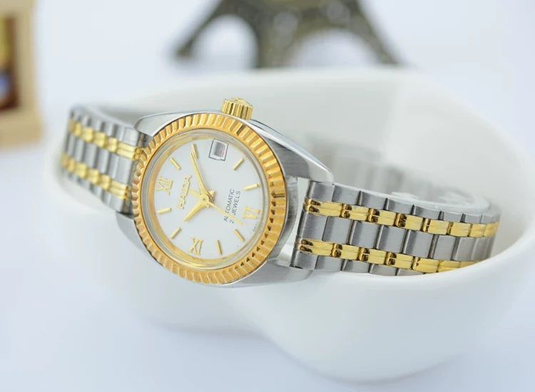 HAIDA Ladies Automatic Mechanical Watch Two-Tone Crystal-Set Round Vintage NOS