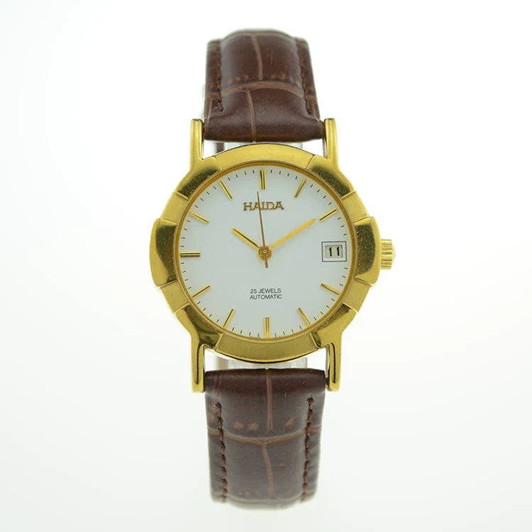 HAIDA Men's Automatic Mechanical Watch White Dial Titanium Leather Strap NOS