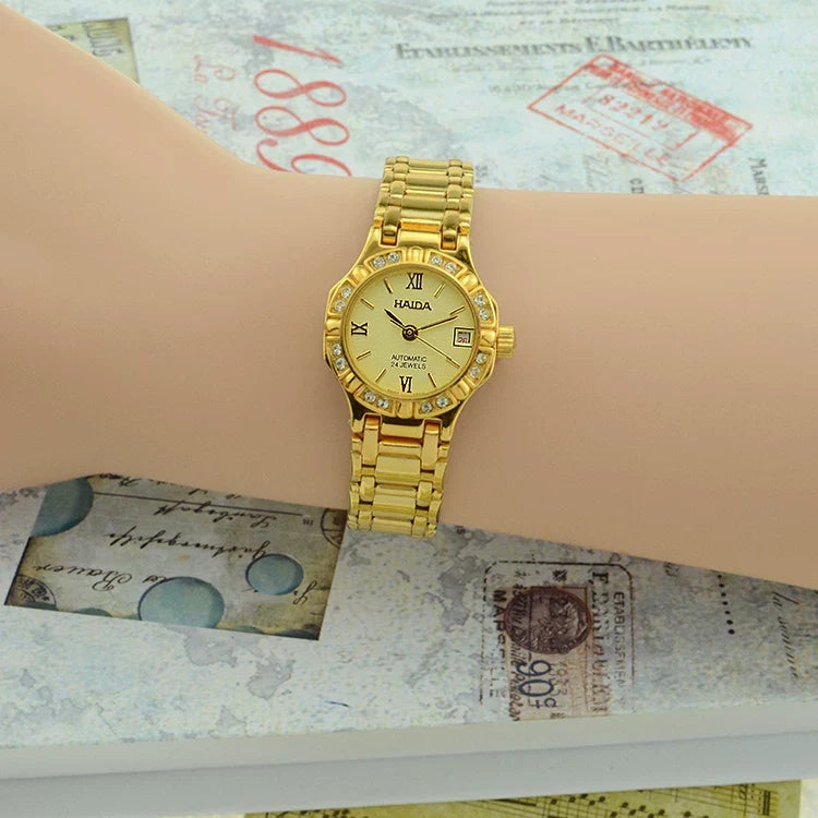 HAIDA Ladies Automatic Mechanical Watch Round Gold White Crystal-Set Dial NOS