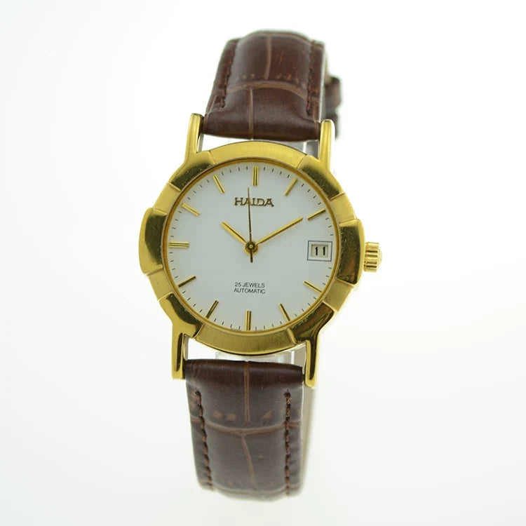 HAIDA Men's Automatic Mechanical Watch White Dial Titanium Leather Strap NOS