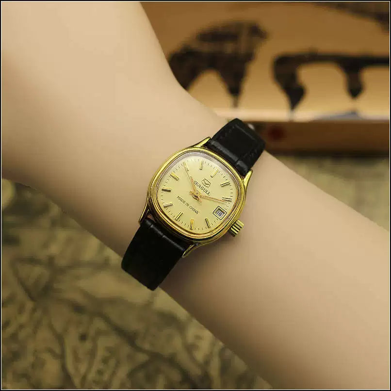 Sea Gull Ladies Mechanical Watch Titanium Date Leather Strap Vintage NOS