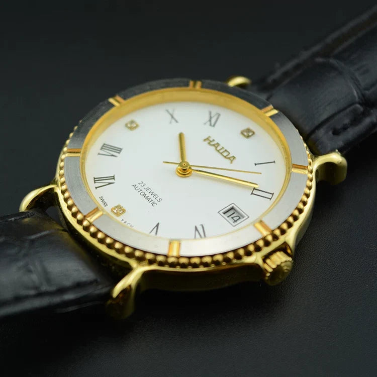 HAIDA Men's Automatic Mechanical Watch Two-Tone Genuine Leather Strap NOS