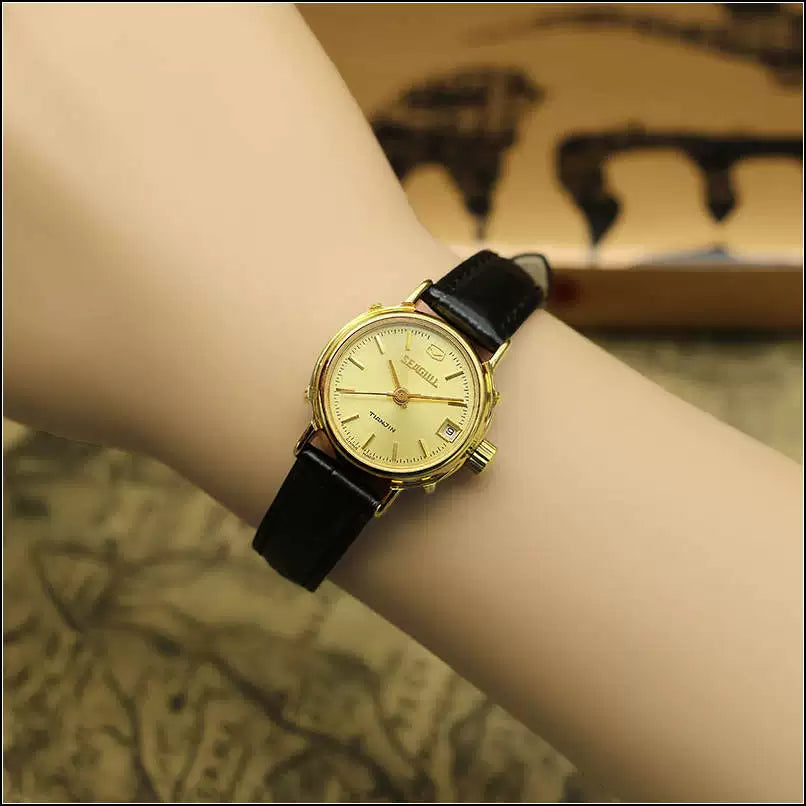 Sea Gull Ladies Mechanical Watch Titanium Date Leather Strap Vintage NOS