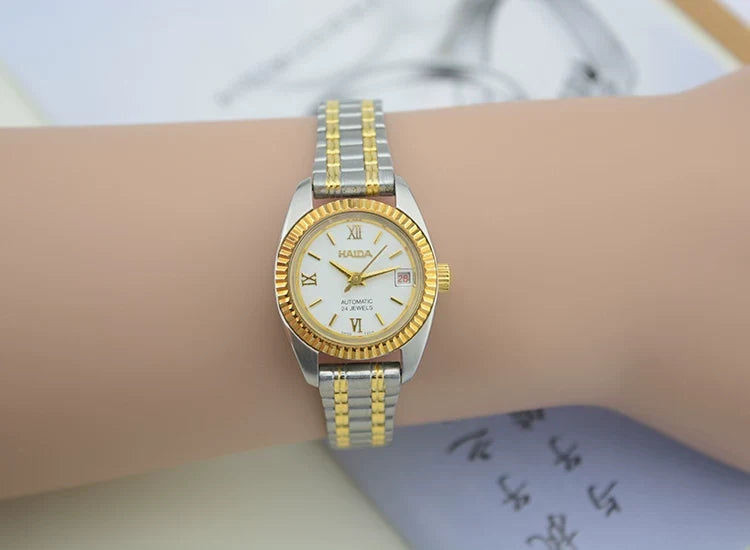 HAIDA Ladies Automatic Mechanical Watch Two-Tone Crystal-Set Round Vintage NOS
