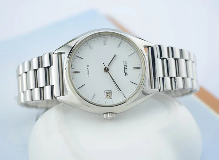 HAIDA Men's Manual Wind Mechanical Watch White Dial Date Steel Classic NOS