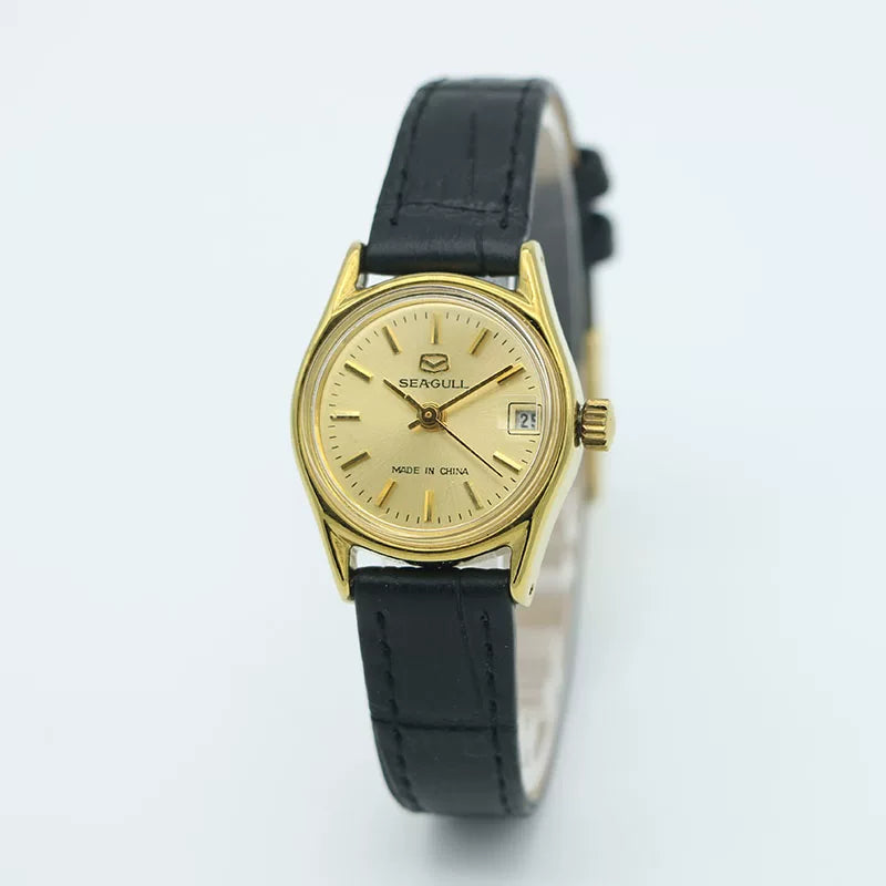 Sea Gull Ladies Mechanical Watch Titanium Date Leather Strap Vintage NOS