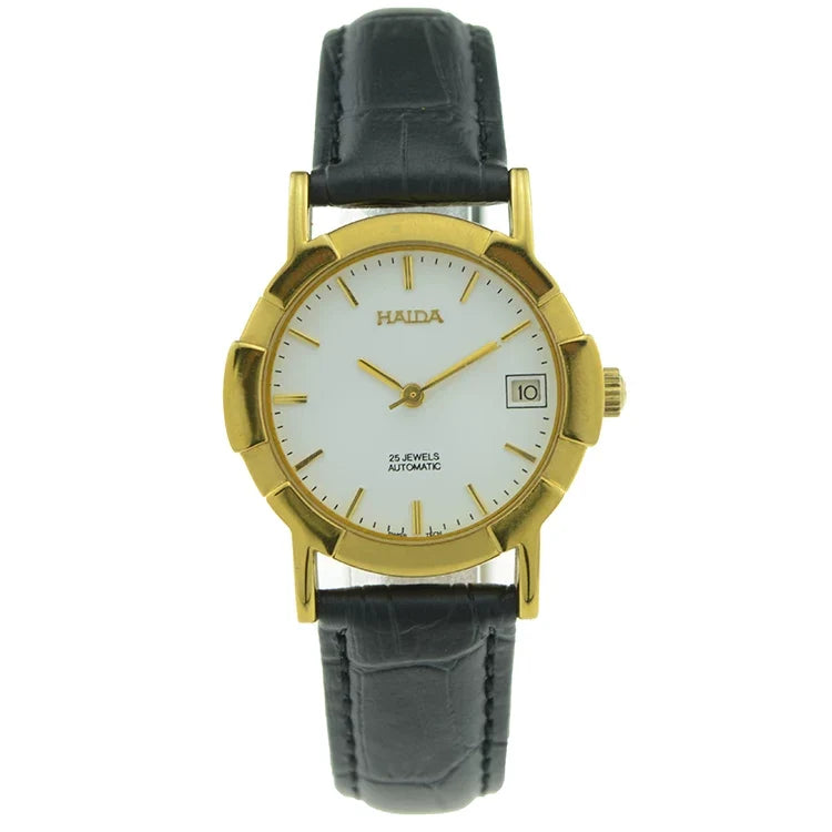 HAIDA Men's Automatic Mechanical Watch White Dial Titanium Leather Strap NOS