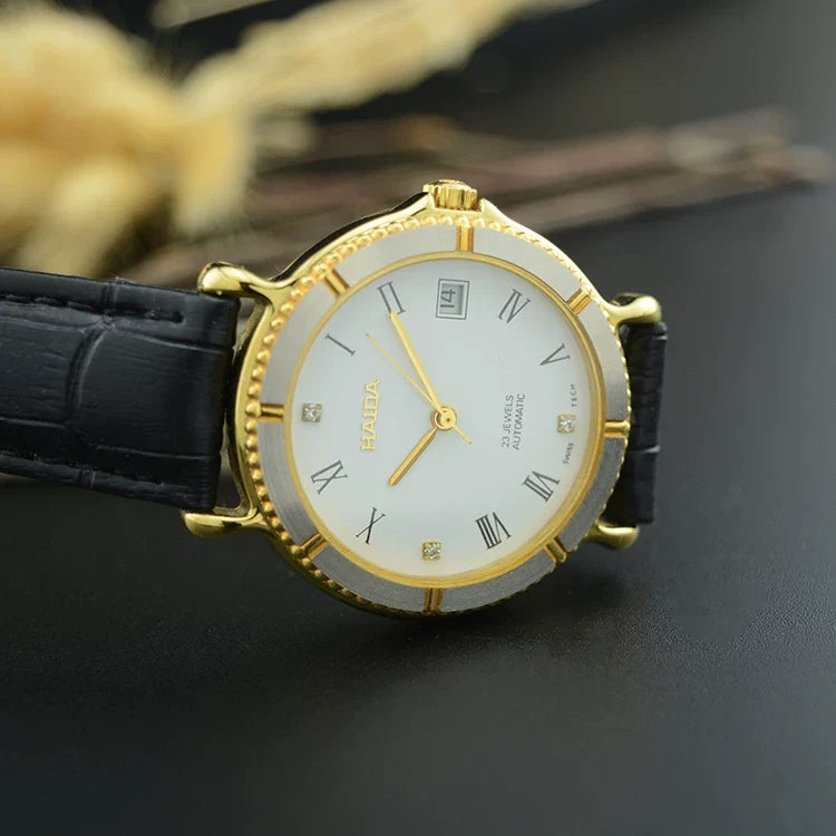 HAIDA Men's Automatic Mechanical Watch Two-Tone Genuine Leather Strap NOS