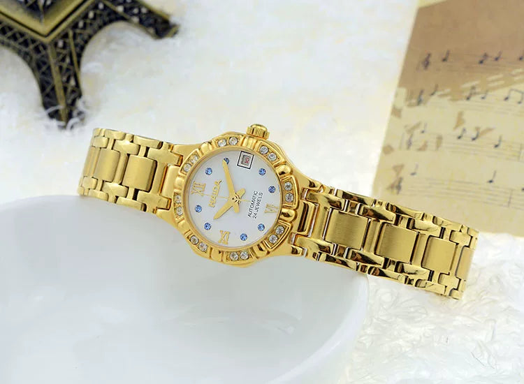 HAIDA Ladies Automatic Mechanical Watch Round Gold White Crystal-Set Dial NOS