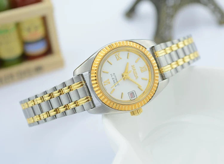HAIDA Ladies Automatic Mechanical Watch Two-Tone Crystal-Set Round Vintage NOS