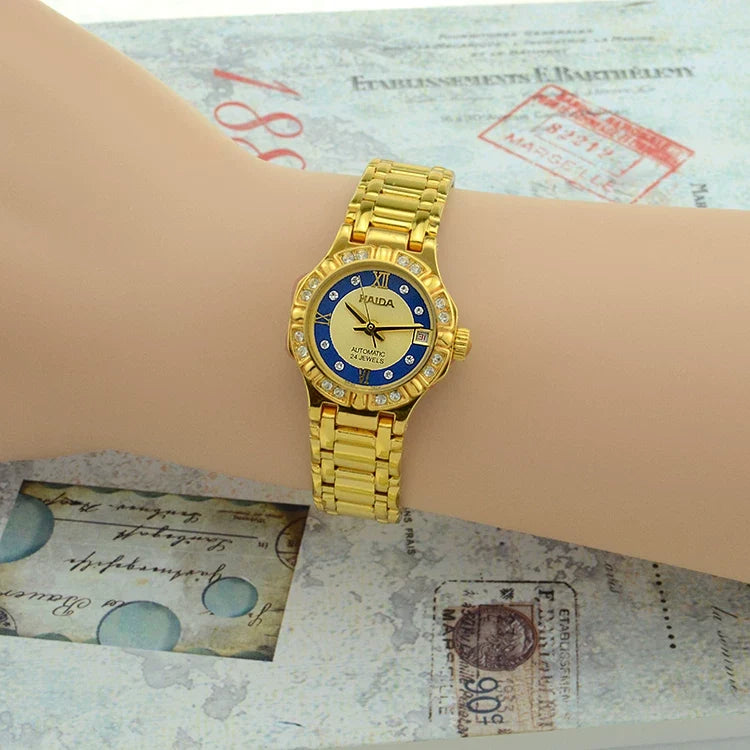 HAIDA Ladies Automatic Mechanical Watch Round Gold White Crystal-Set Dial NOS