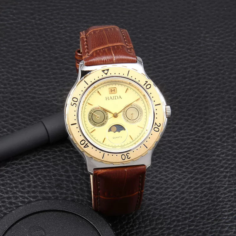 HAIDA Men's Multi-Function Quartz Watch 5 Hands Subdials Moonphase NOS