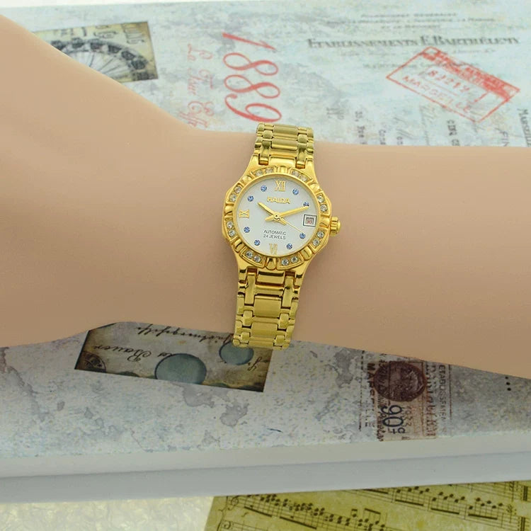 HAIDA Ladies Automatic Mechanical Watch Round Gold White Crystal-Set Dial NOS