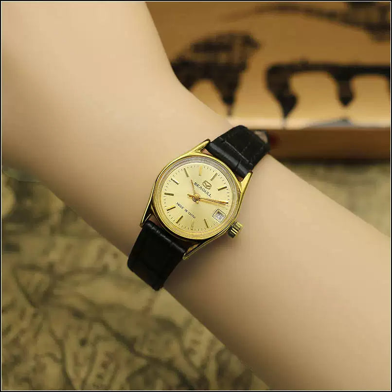 Sea Gull Ladies Mechanical Watch Titanium Date Leather Strap Vintage NOS