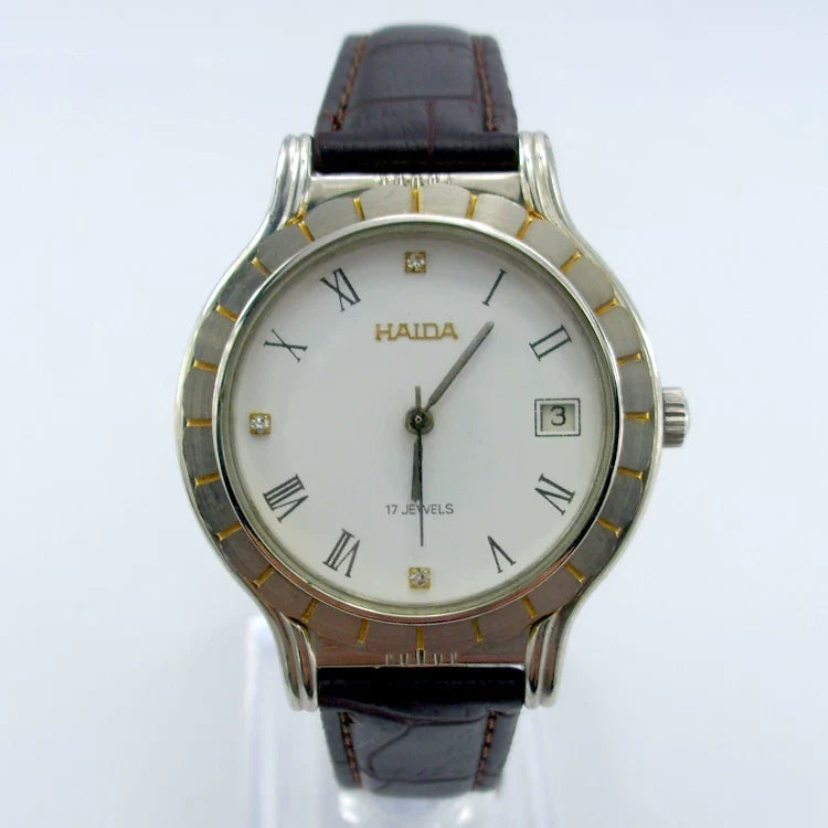 HAIDA Men's Manual Wind Mechanical Watch Leather Strap Simple Classic NOS