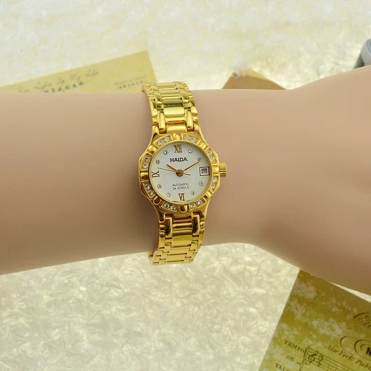 HAIDA Ladies Automatic Mechanical Watch Round Gold White Crystal-Set Dial NOS