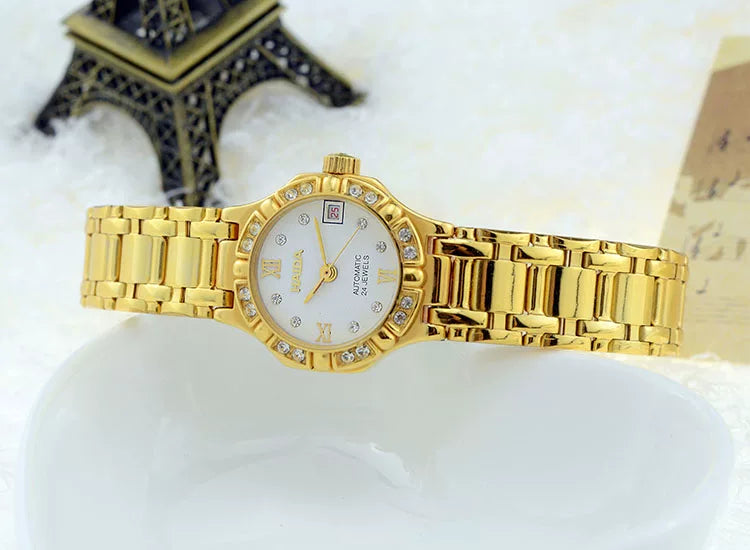 HAIDA Ladies Automatic Mechanical Watch Round Gold White Crystal-Set Dial NOS
