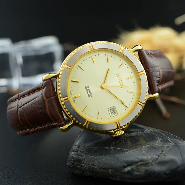 HAIDA Men's Automatic Mechanical Watch Two-Tone Genuine Leather Strap NOS