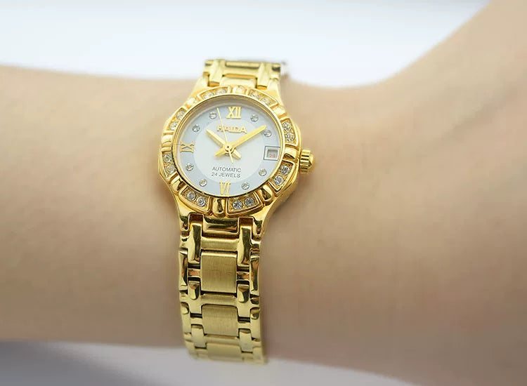 HAIDA Ladies Automatic Mechanical Watch Round Gold White Crystal-Set Dial NOS
