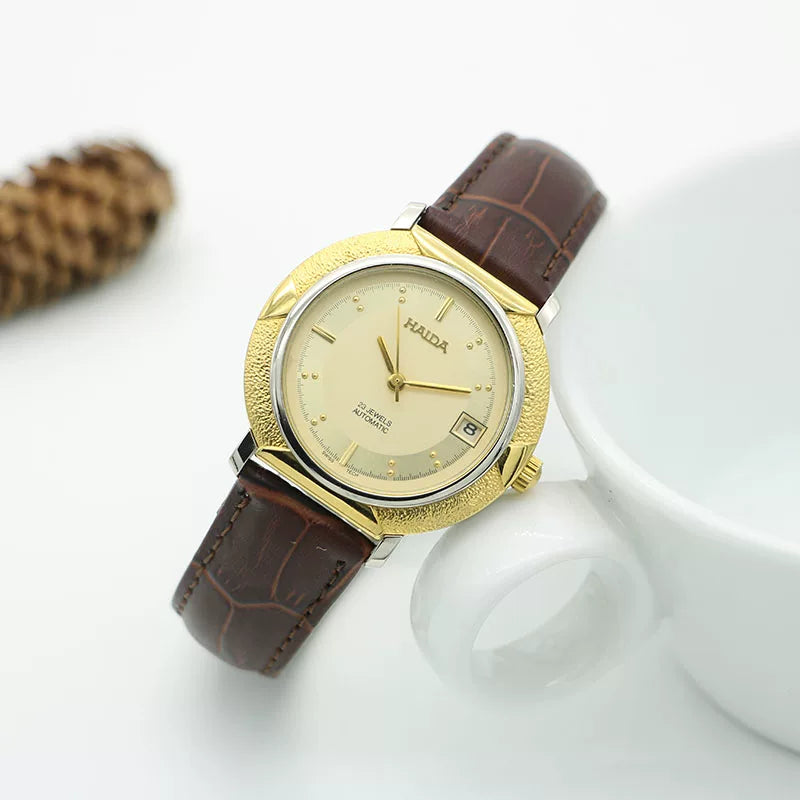 HAIDA Men's Automatic Mechanical Watch Two-Tone Steel Bracelet Gold Indices NOS