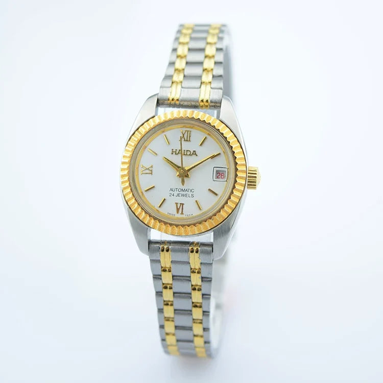 HAIDA Ladies Automatic Mechanical Watch Two-Tone Crystal-Set Round Vintage NOS