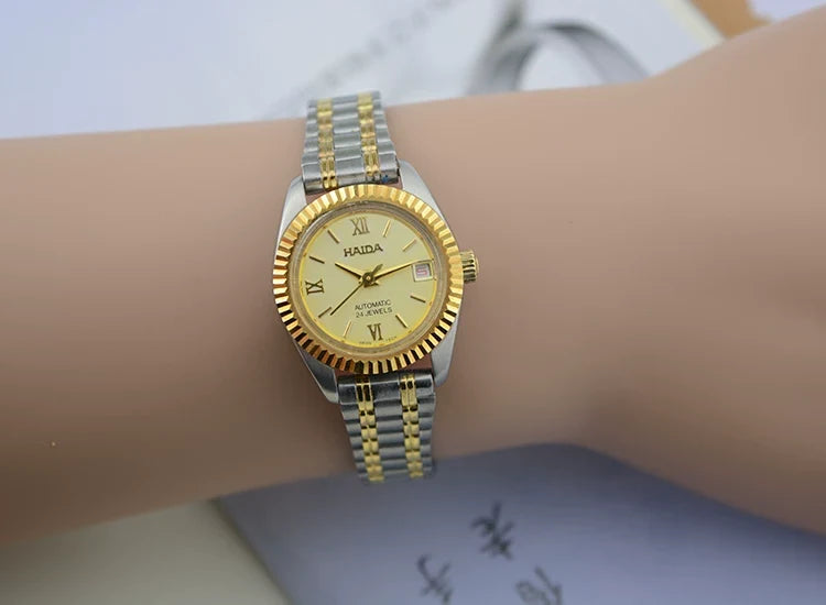 HAIDA Ladies Automatic Mechanical Watch Two-Tone Crystal-Set Round Vintage NOS