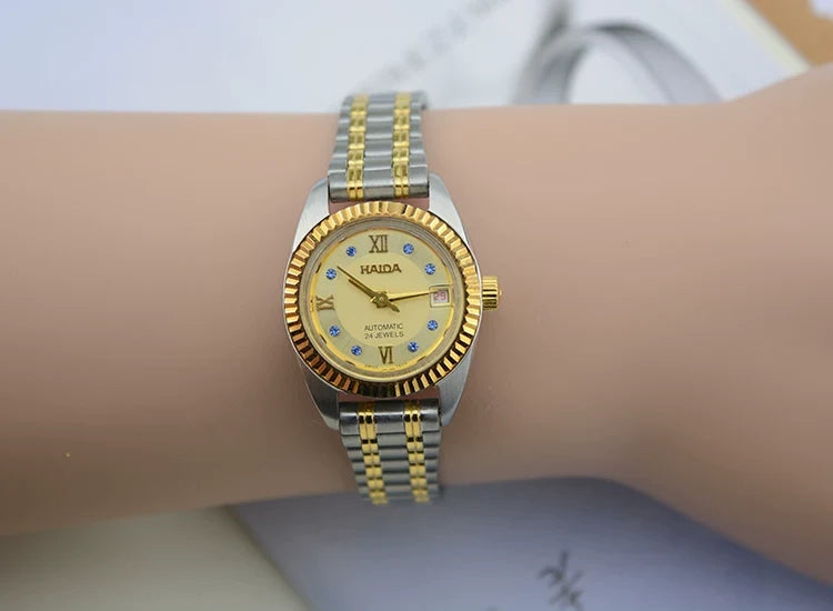 HAIDA Ladies Automatic Mechanical Watch Two-Tone Crystal-Set Round Vintage NOS