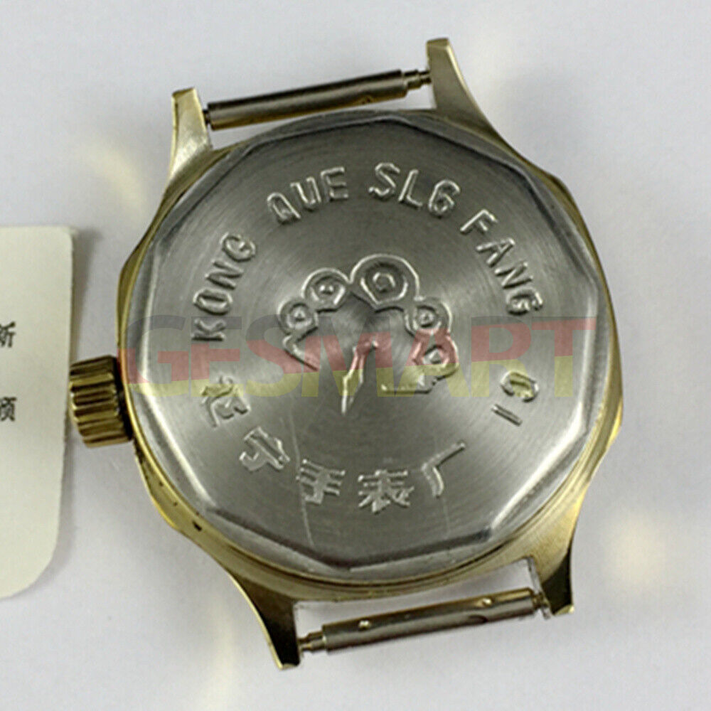 Dandong Kongque 28mm lady mechanical watch with golden dial, 19 jewels, elegant manual winding design.