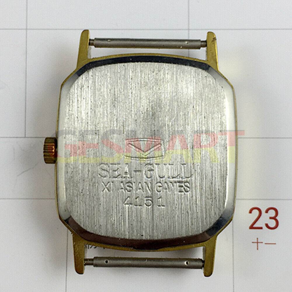 Tianjin Seagull 28mm octagonal gold watch featuring golden dial, manual mechanical movement, elegant accessory for formal wear.