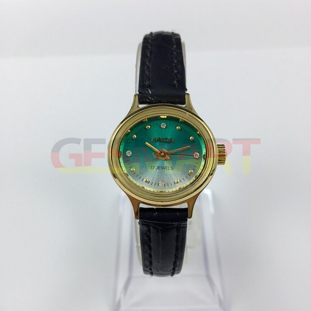 HAIDA Lady watch featuring golden nail markers, 17 jewels, and a gradient green oval dial for elegant style.