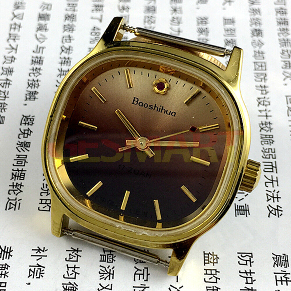 Shanghai Manual Mechanical Watch with golden nail markers, square case, gradient brown dial, perfect for elegant occasions.