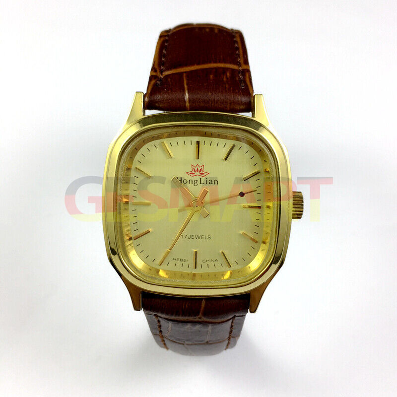 HONGLIAN Manual mechanical watch with golden hands, nail markers, and gold-tone case for elegant style