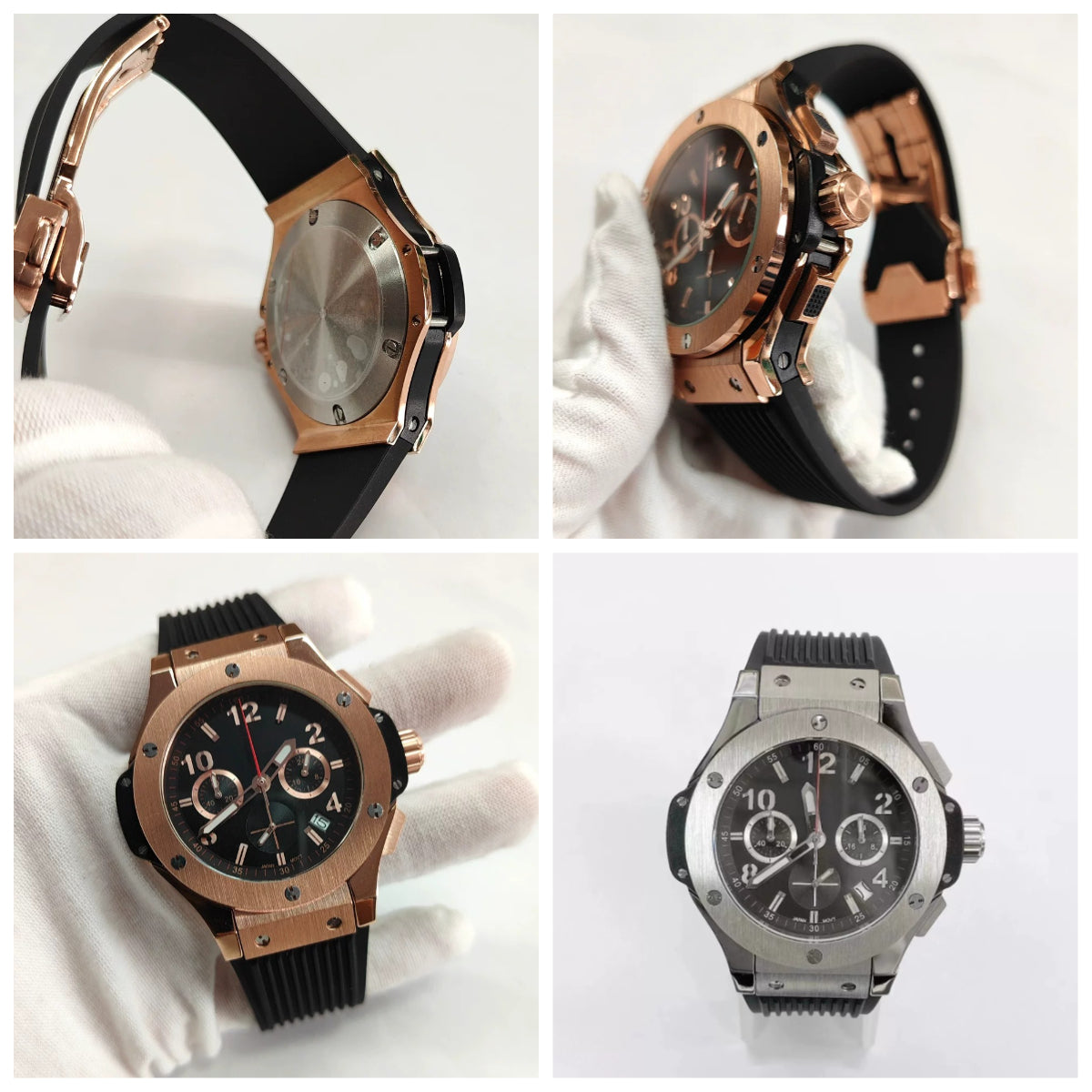 New Rose Gold 42.5mm Quartz Watch Steel Case Rubber Strap VK63 Mineral Glass