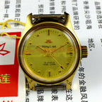 HONGLIAN 25mm manual mechanical lady watch with golden nail markers and round golden case, 19 jewels.