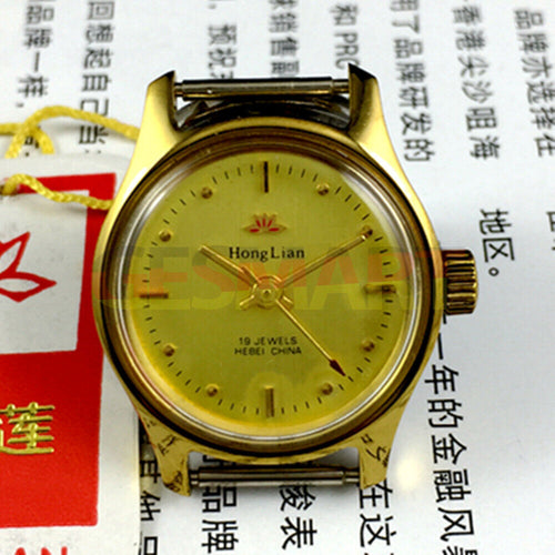 HONGLIAN 25mm manual mechanical lady watch with golden nail markers and round golden case, 19 jewels.