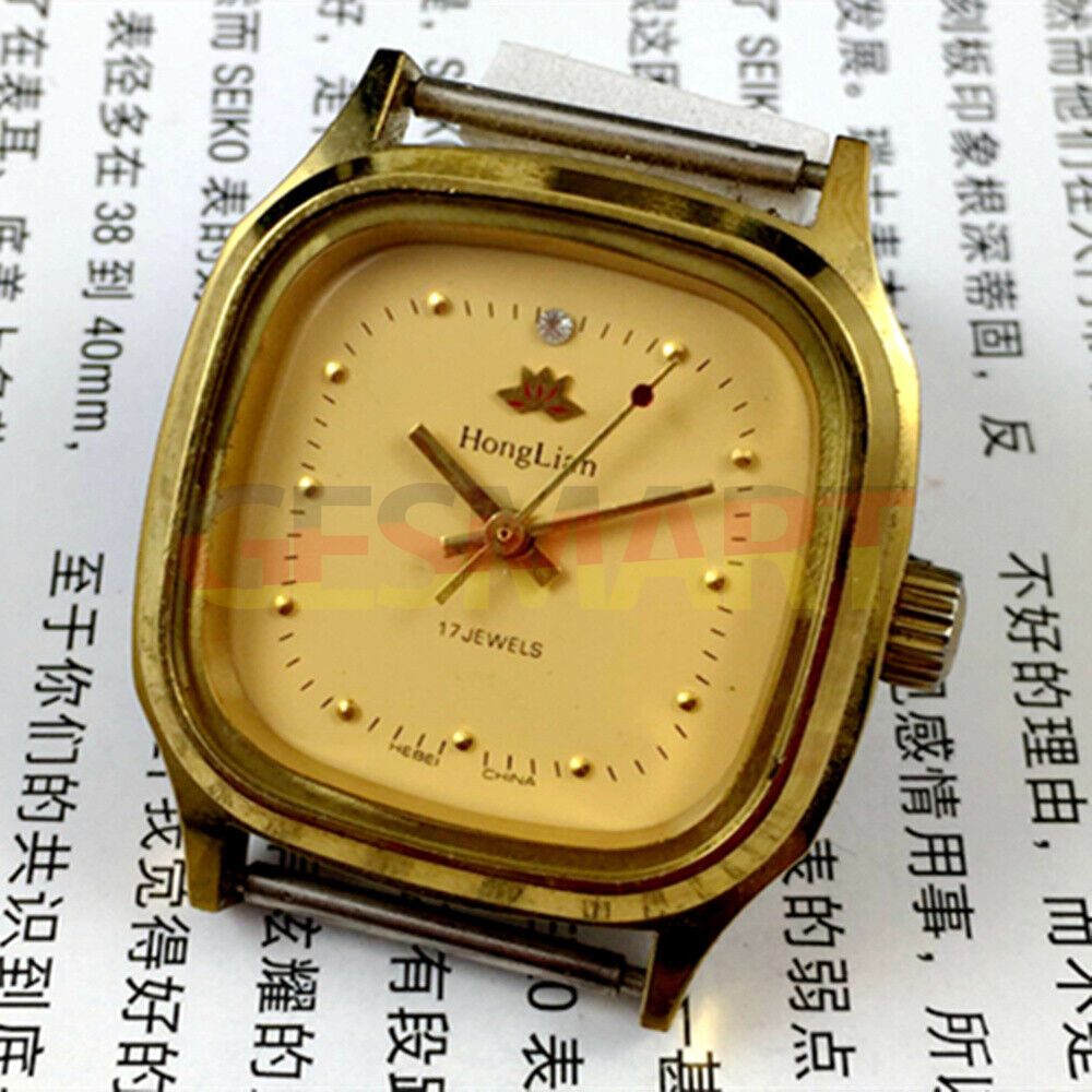 HONGLIAN 32mm golden square manual mechanical watch with nail markers and 17 jewels movement.