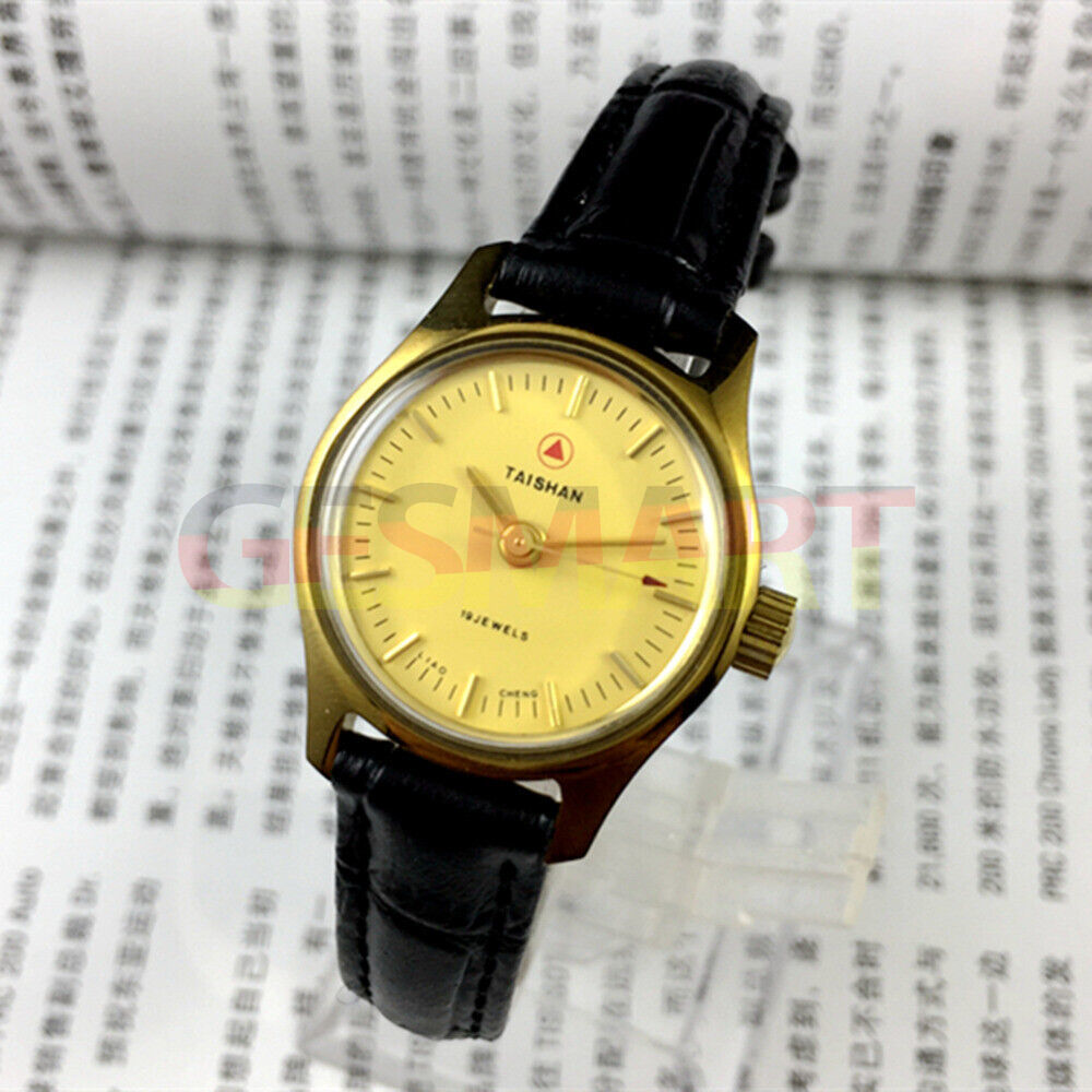 China Liaocheng TAISHAN manual mechanical lady watch featuring 19 jewels and golden nail accents, elegant precision timepiece.