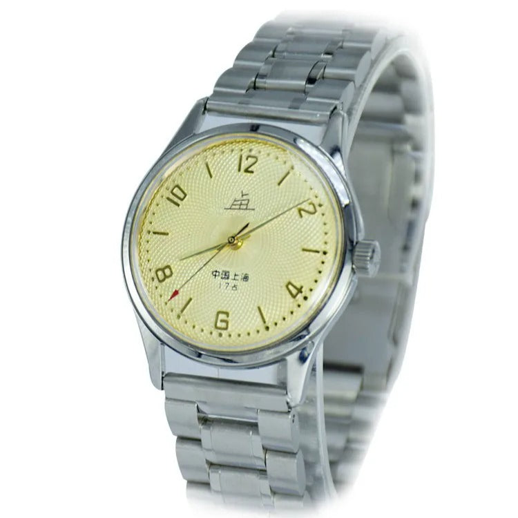 Shanghai Men's Manual Wind Mechanical Watch Round Steel Bracelet NOS