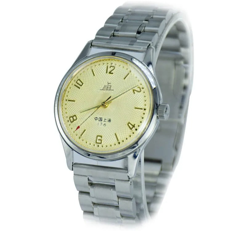 Shanghai Men's Manual Wind Mechanical Watch Round Steel Bracelet NOS