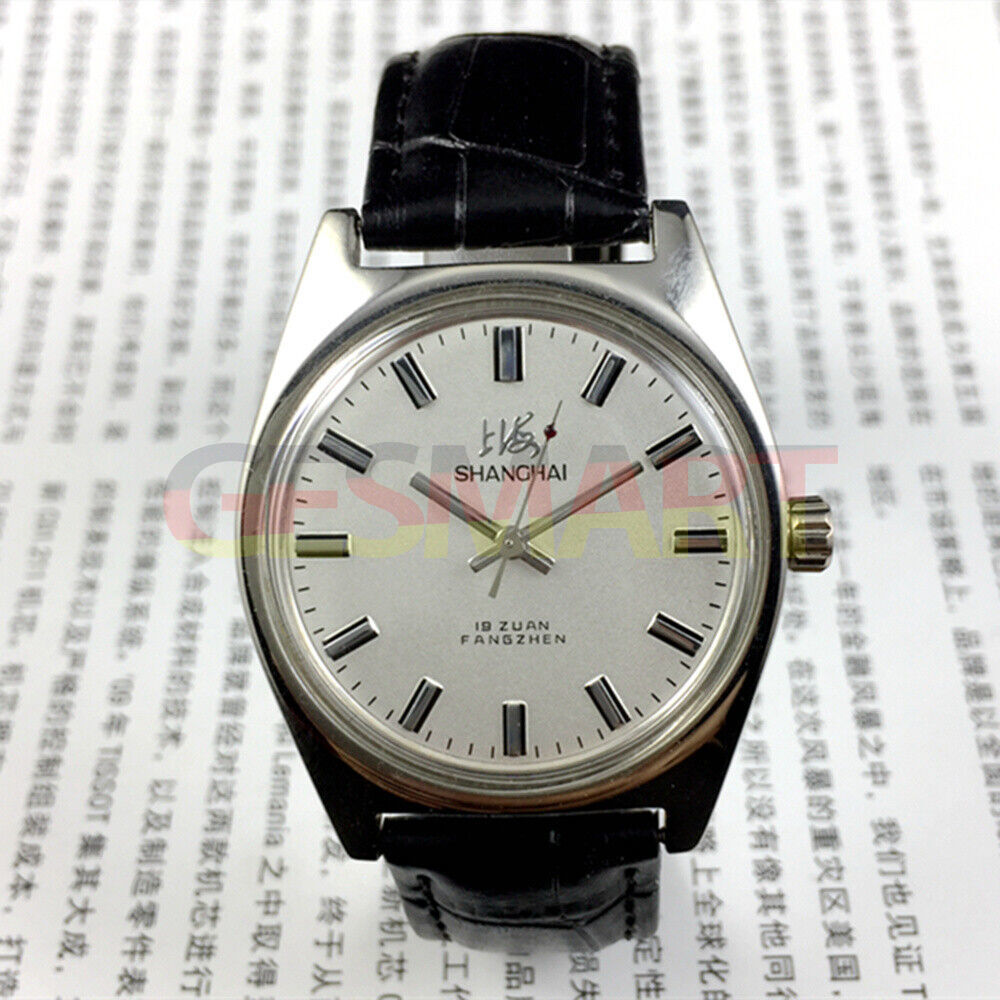 Shanghai Factory 38mm manual mechanical watch with white dial, 3 hands, 19 jewels, classic design for elegant wristwear.