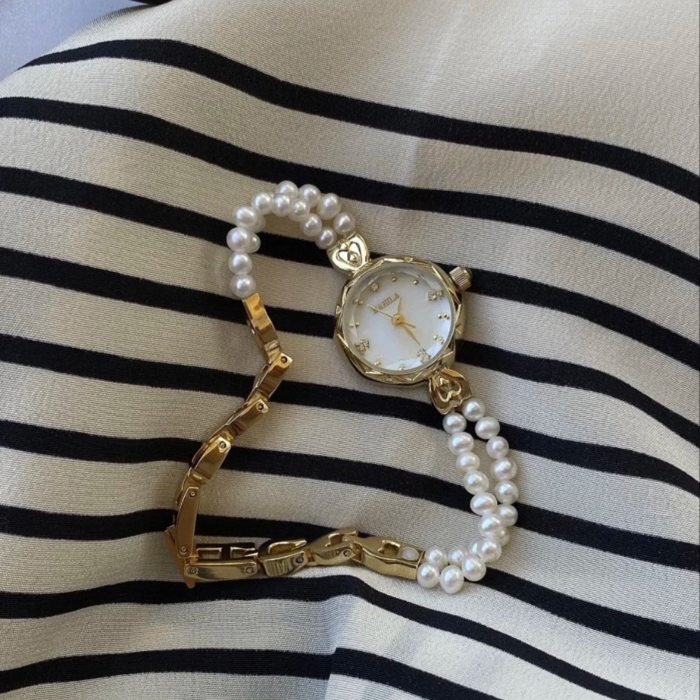 Ladies Pearl Chain Bracelet Watch Mother of Pearl Dial Japan Style Elegant