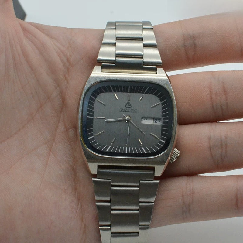 Gelin Men's Mechanical Watch All Silver Steel Bracelet Business Vintage NOS