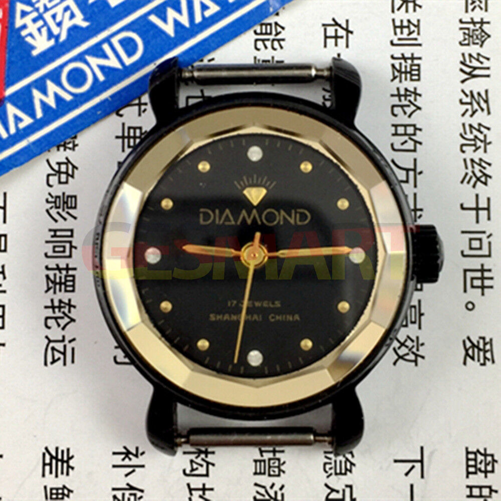 Elegant 30mm Shanghai Diamond manual mechanical lady watch, black dial & case, 17 jewels for precision.