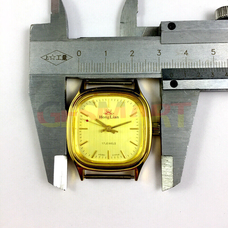 HONGLIAN 34mm manual mechanical watch with golden square case, nail markers, and elegant 3-hand design.