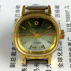 Shanghai Manual Mechanical Lady Watch with golden nail markers, 17 jewels, square case, and green dial, elegant design.
