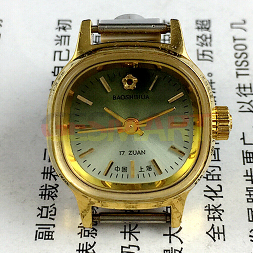 Shanghai Manual Mechanical Lady Watch with golden nail markers, 17 jewels, square case, and green dial, elegant design.