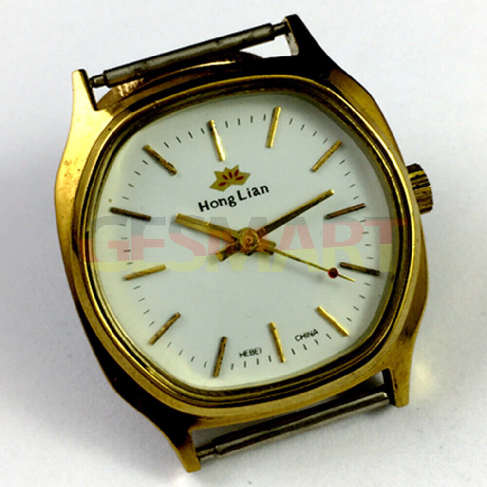 HONGLIAN 34mm manual mechanical watch with golden nail markers, square case, and 17 jewels movement.