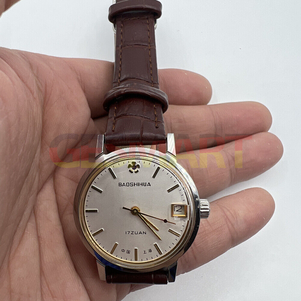 Shanghai 33mm manual mechanical watch with single calendar, 17 jewels, shock-resistant design.