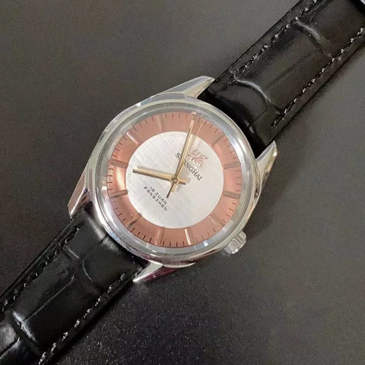 Shanghai Men's Manual Wind Mechanical Watch All Steel Genuine Leather Strap NOS